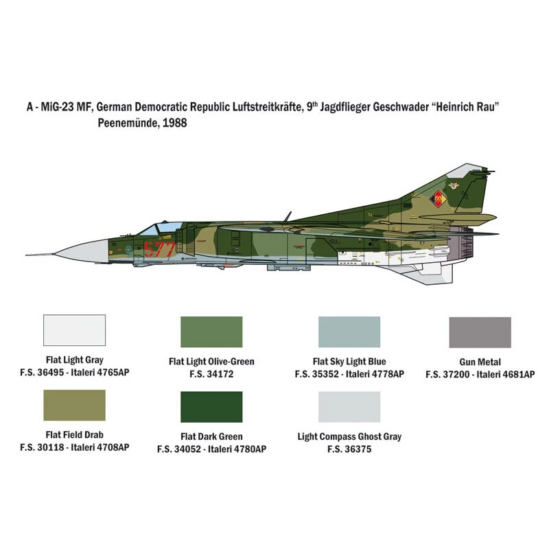 Italeri Mikoyan MiG-23MF / BN FLOGGERSUPER DECALS VOOR 6 VERSIES - KLEURINSTRUCTIES BLAD Ontworpen En Ontwikkeld In Het Laatste Deel Van - Afbeelding 3